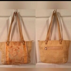 SAKROOTS Meadow Sunlight Spring straw Floral With Birds 2 Sided tote bag.